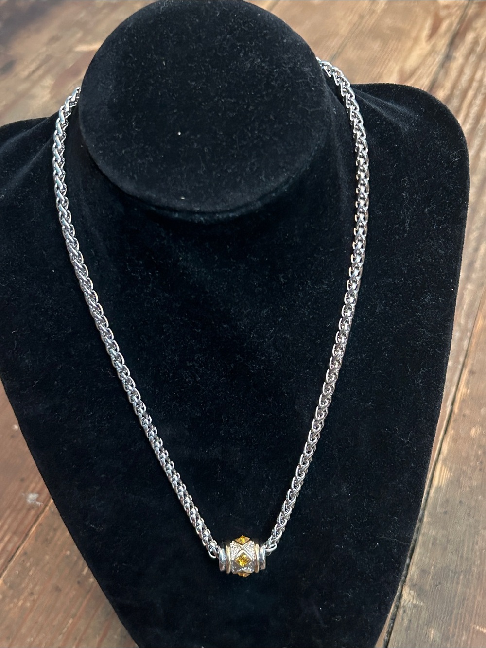 Vtg Silver Chain Necklace with Citrine Colored Crystal Slider Pendant